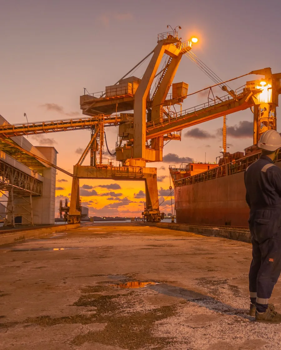 A port worker inspecting a cargo ship and containers in evening light