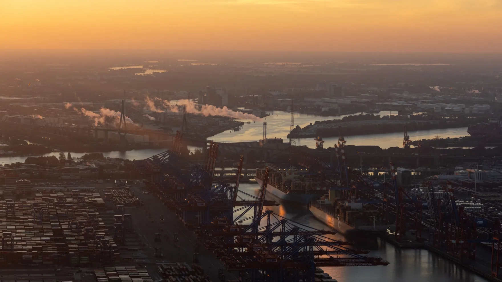 Aerial view of the harbor at Norfolk, Virginia at dusk