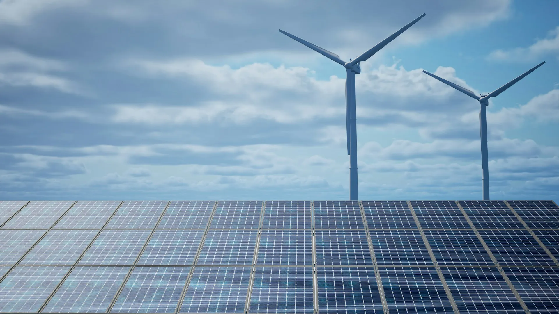 Solar panel array in front of two wind turbines under a blue sky